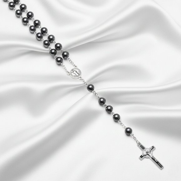 Source Unknown Jewelry - Hematite Beaded Catholic Rosary Prayer Crucifix Silver Tone Gothic Necklace NWOT